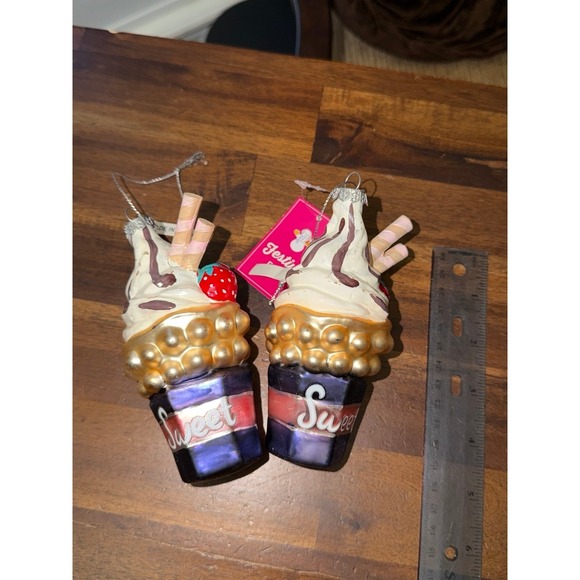 Festive Fun Ice Cream Sweet Cup Ornament Set 2 Strawberries Creamy Delight - Picture 3 of 4